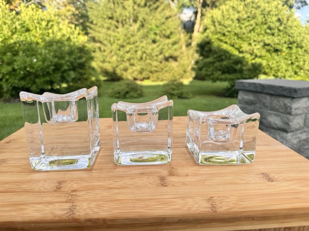 Orrefors Crystal Polaris Clear Votive Candle Holders Square Ice~Set Of 3